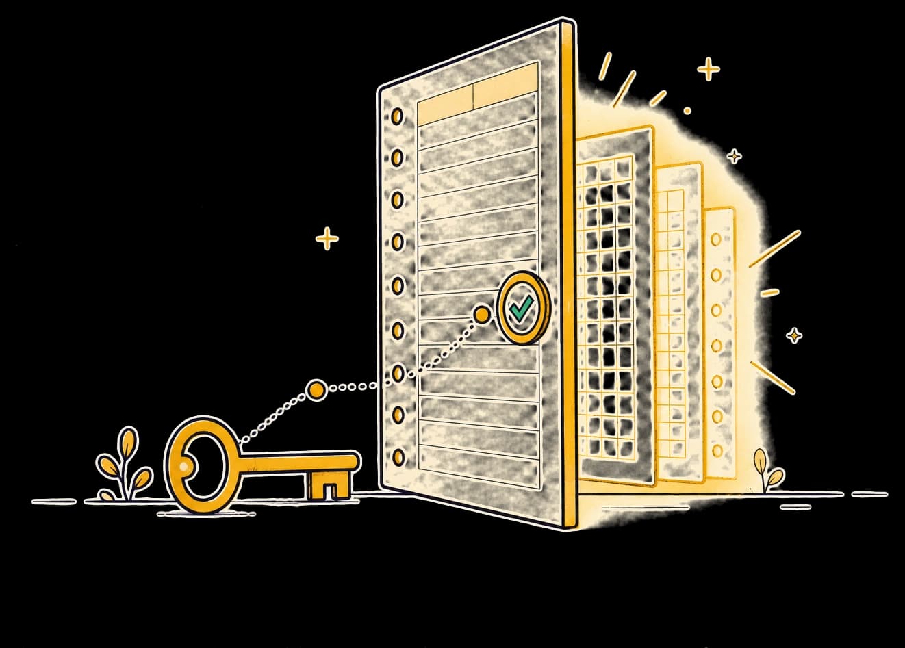 A ledger sheet opening like a door, a golden key beside it and glowing sheets waiting inside