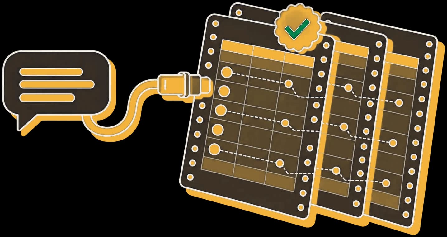 A chat message plugged into a stack of connected tables that carry a verified seal