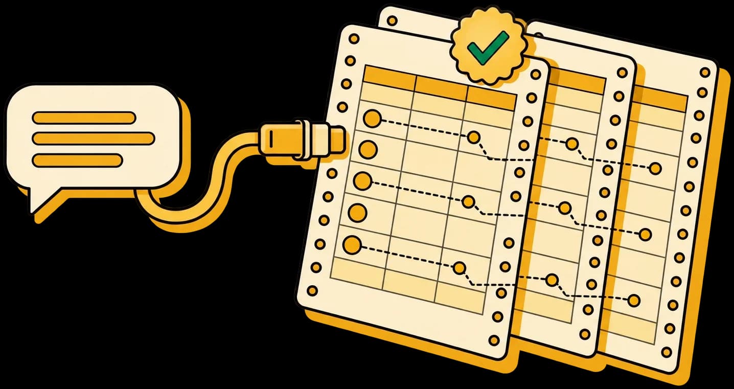 A chat message plugged into a stack of connected tables that carry a verified seal